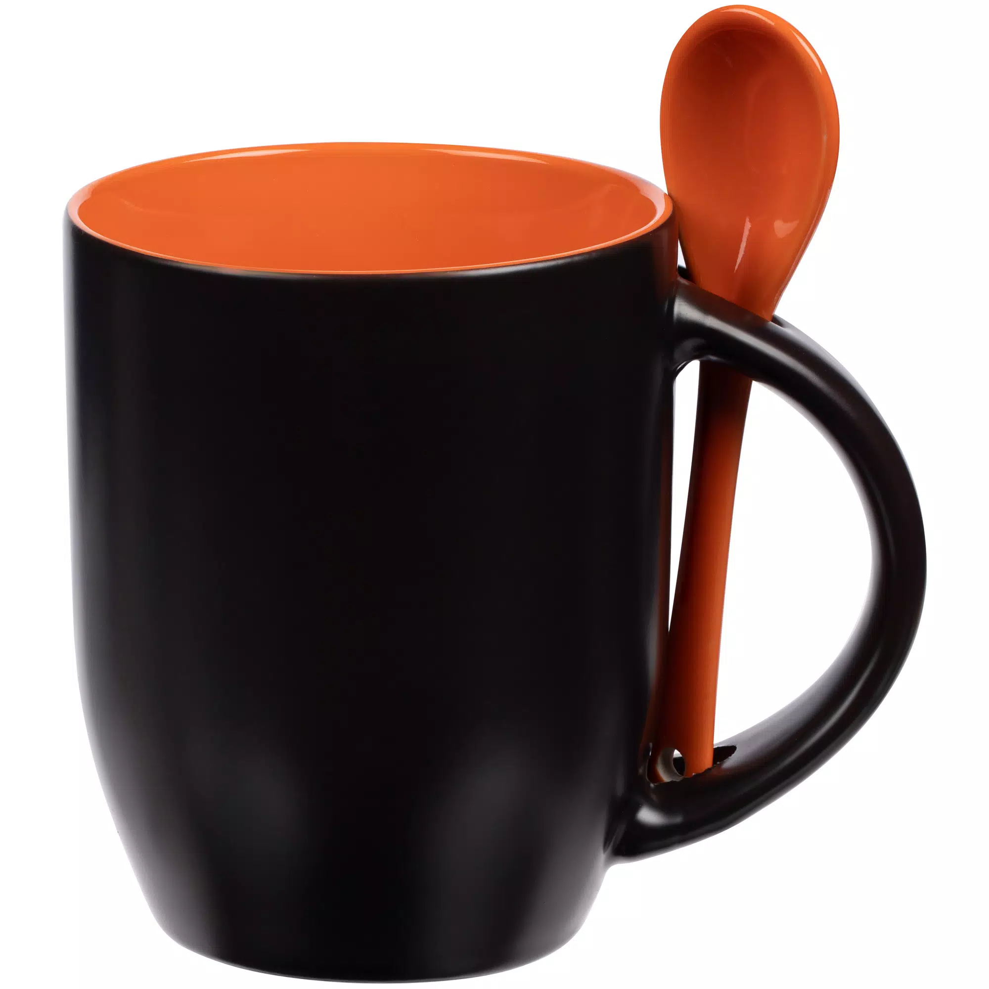 Кружка-хамелеон Melty с ложкой, черная с оранжевым под нанесение
